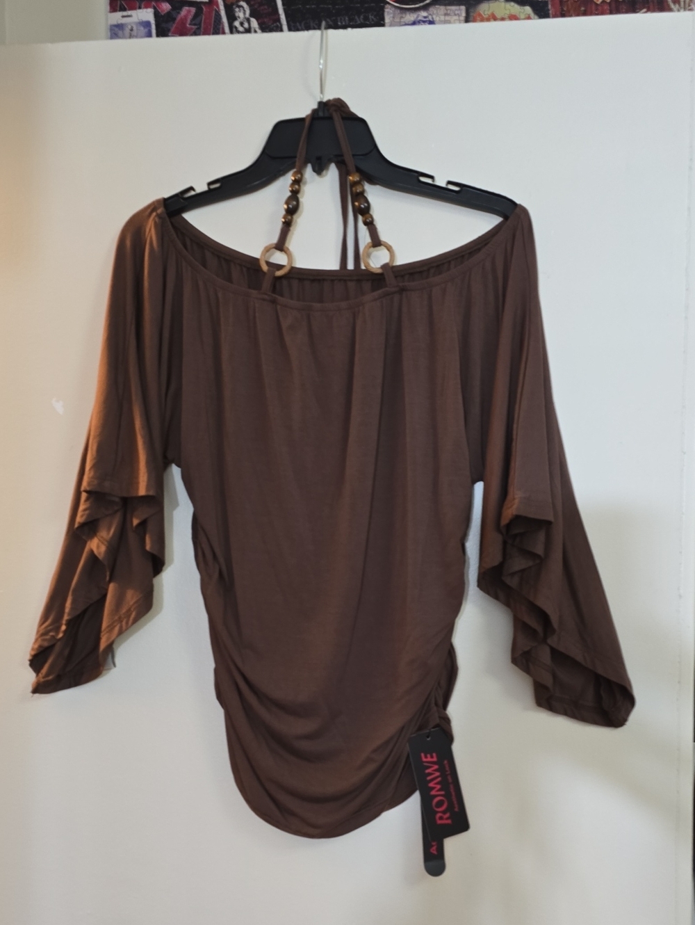 ROMWE Brown Off-Shoulder Ruffle Sleeve Halter Top